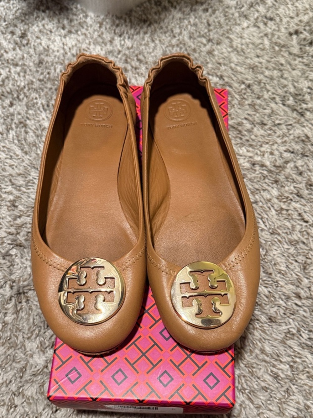 Tory Burch Tan Leather Ballet Flats with Gold Logo Medallions